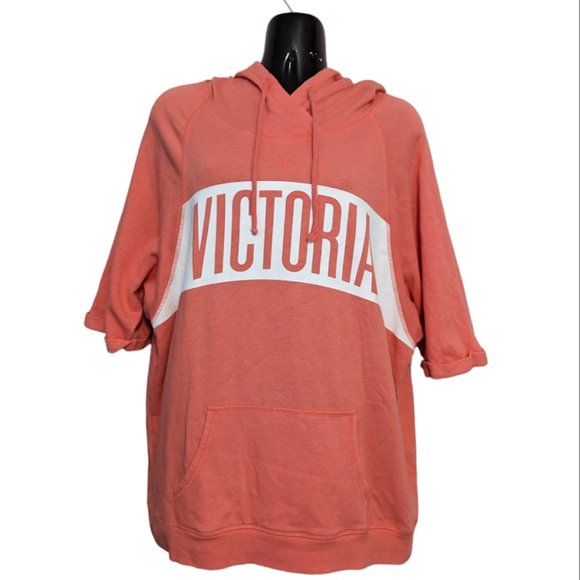 Victoria's Secret Slouchy Fit Short Sleeve Hoodie - Pink/Salmon - Size Small - Picture 1 of 7